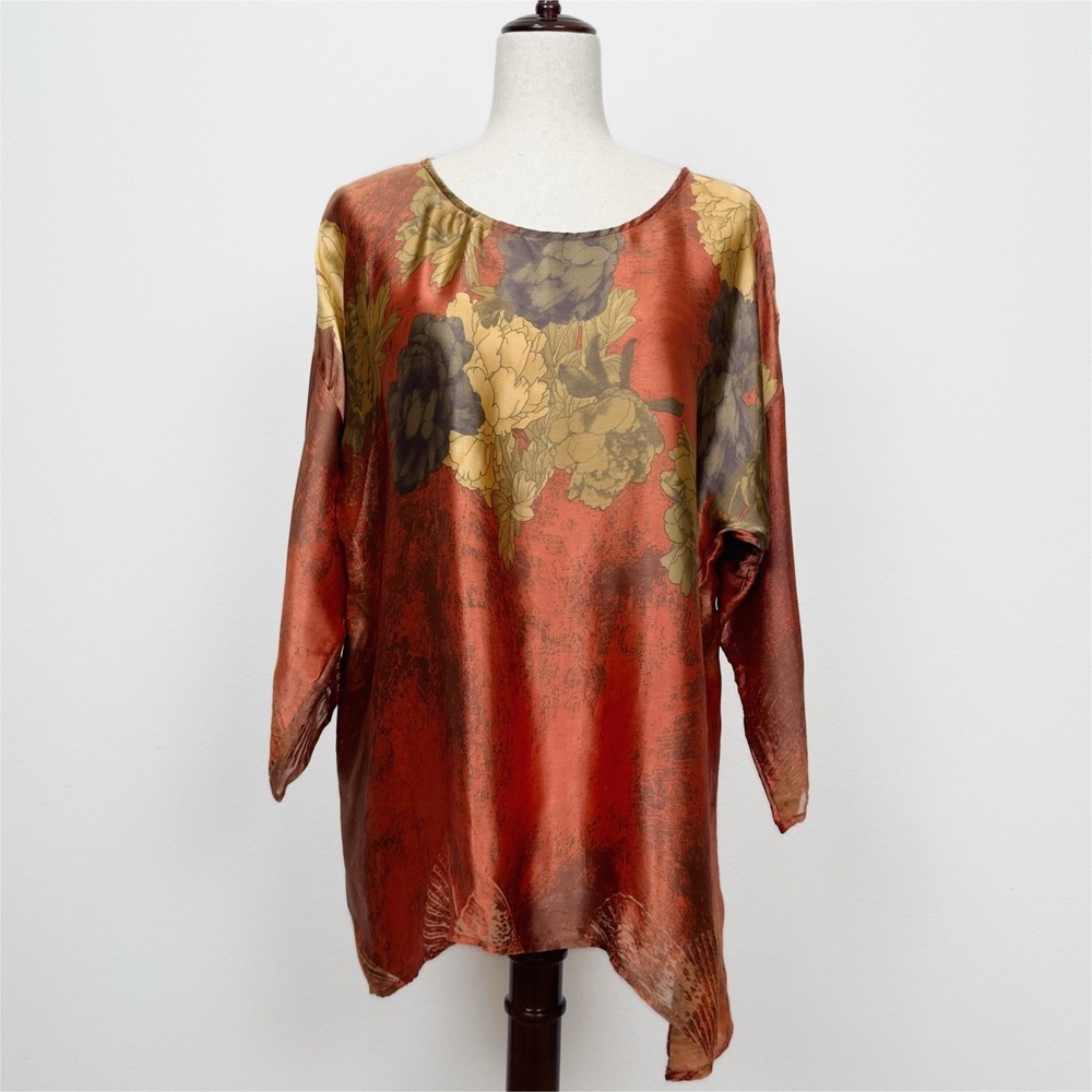 Citron Santa Monica Top Womens L Brown Floral Silk Burnout Tunic Whimsigoth Boho